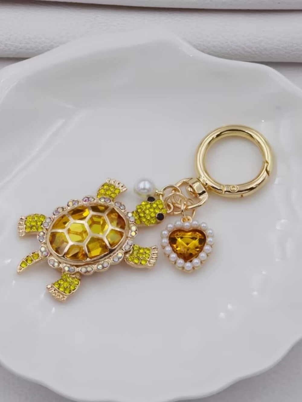 Gold Tone Turtle Keychain /bag Charm with Yellow Gems